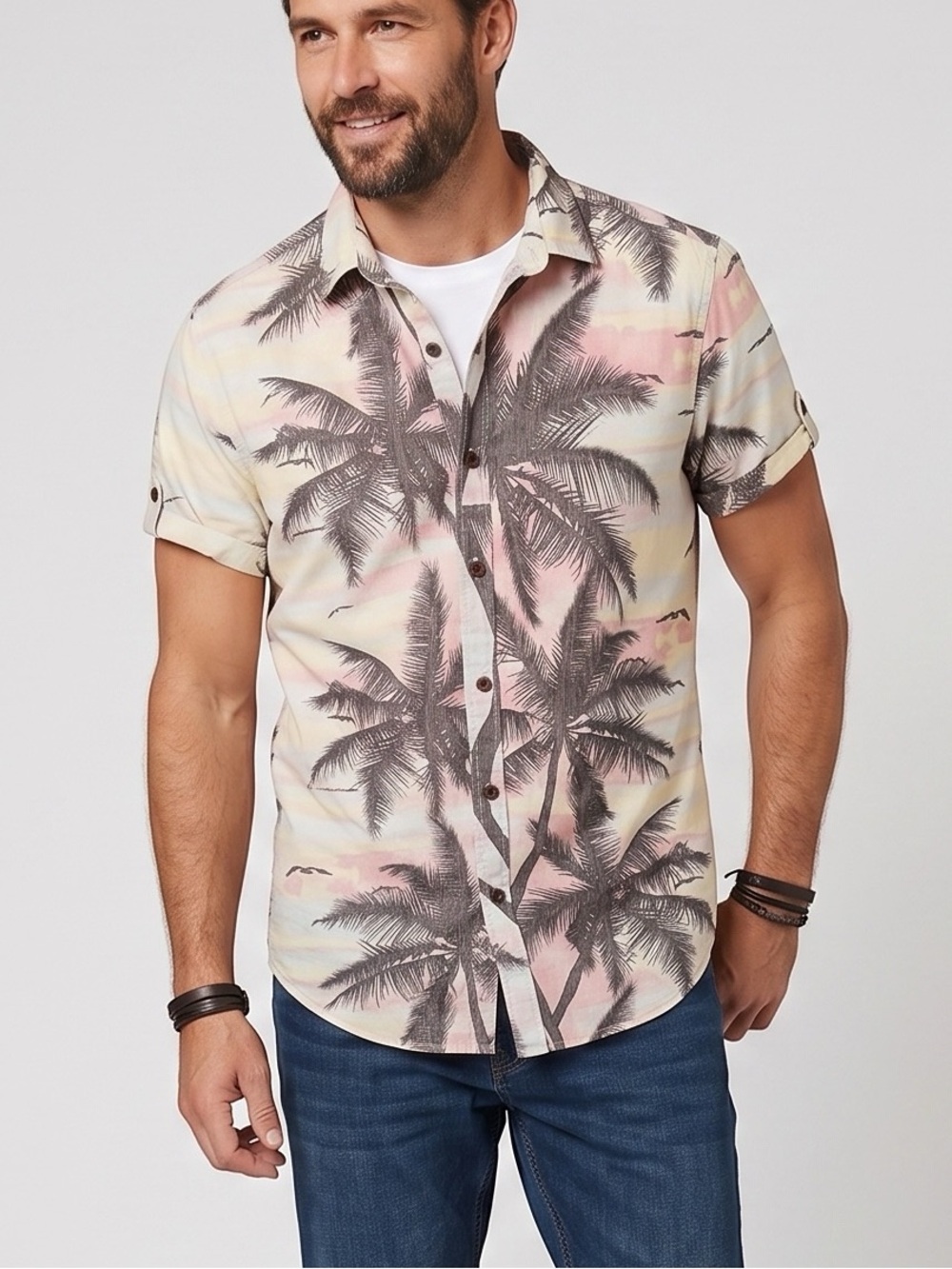 Denim & Flower Short-Sleeve Palm Print Button-Down Shirt - Pink, Cream, Black M